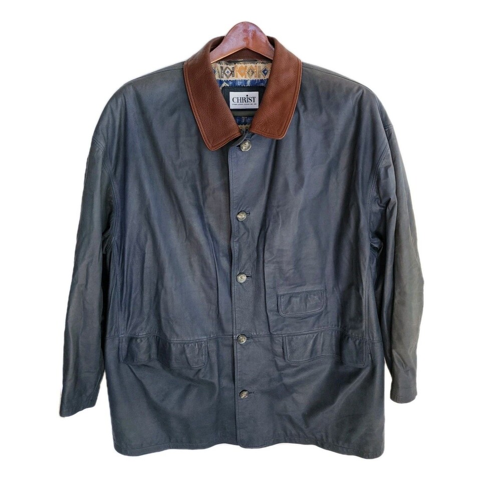 CHRIST German Leather Fashion Jacket Blue Leather Brown Collar Men's Size 58 Vtg